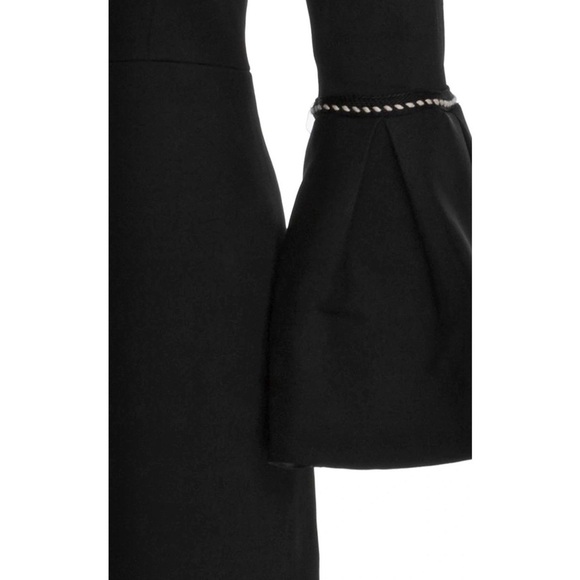 ALEXIS Off Shoulder Embroidered Trim Flared Bell Sleeve Crepe Sheath Dress XS - Picture 8 of 10